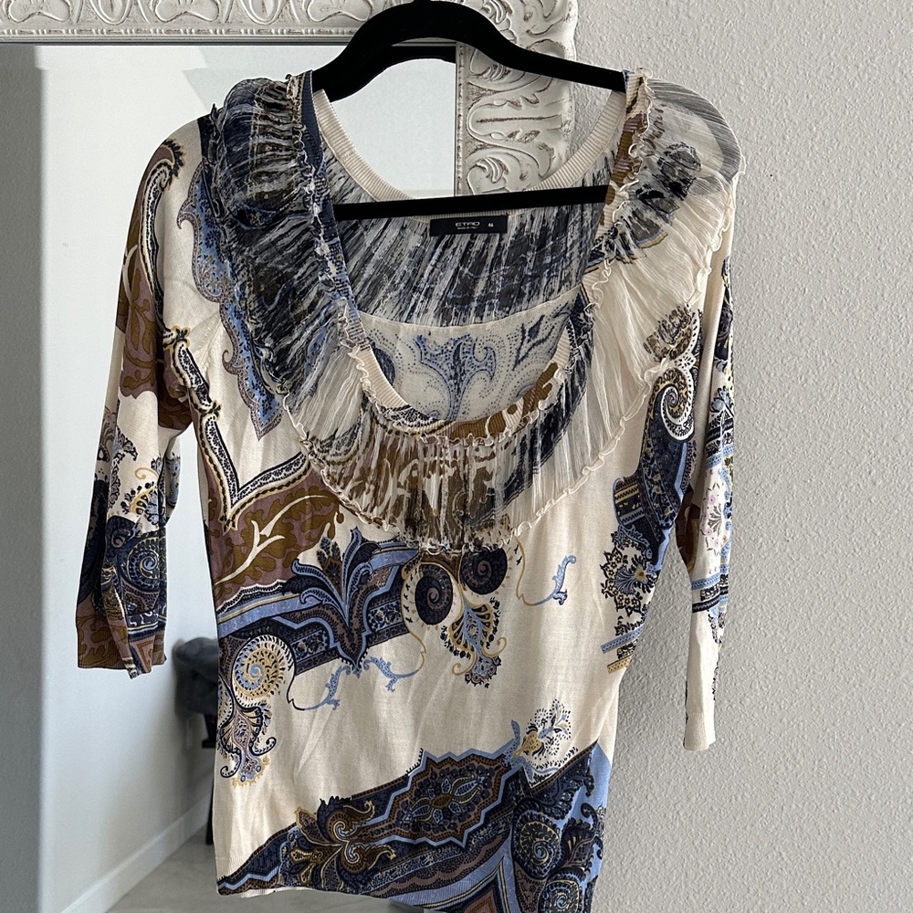 Etro 46 Silk Blue and Brown Paisley Top